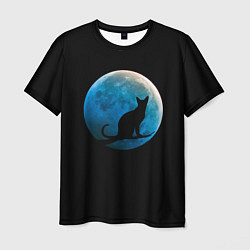 Мужская футболка Силуэт кота на фоне синей луны