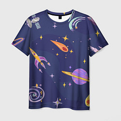 Мужская футболка Космический дизайн с планетами, звёздами и ракетам