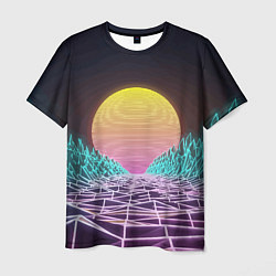 Мужская футболка Vaporwave Закат солнца в горах Neon