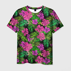 Мужская футболка Тропические листья и цветы на черном фоне