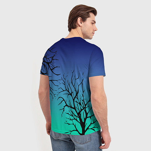 Мужская футболка Черные абстрактные ветки деревьев на сине-зеленом / 3D-принт – фото 4