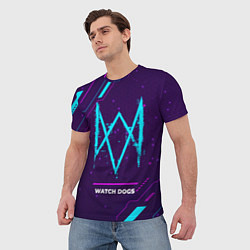 Футболка мужская Символ Watch Dogs в неоновых цветах на темном фоне, цвет: 3D-принт — фото 2
