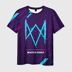 Мужская футболка Символ Watch Dogs в неоновых цветах на темном фоне