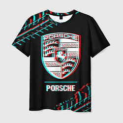 Мужская футболка Значок Porsche в стиле Glitch на темном фоне