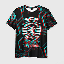 Мужская футболка Sporting FC в стиле Glitch на темном фоне