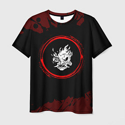 Мужская футболка Символ Cyberpunk 2077 и краска вокруг на темном фо