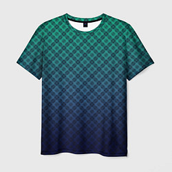 Мужская футболка Клетчатый узор на сине-зеленом градиентном фоне
