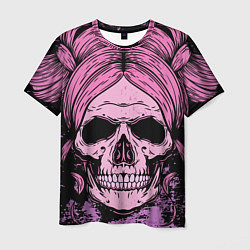 Мужская футболка Женский череп с розовыми волосами