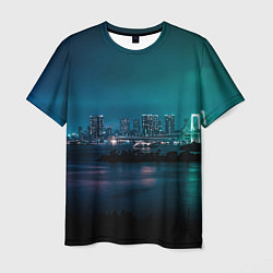 Мужская футболка Неоновый город с рекой - Светло-зелёный