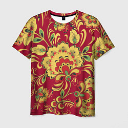 Мужская футболка Хохломская Роспись Цветы На красном Фоне