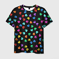 Мужская футболка Сердечки разноцветные на черном