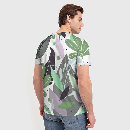 Мужская футболка Зелёные, серые, голубые, сиреневые листья на белом / 3D-принт – фото 4