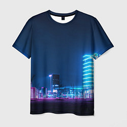 Мужская футболка Неоновый ночной город - Светло-синий