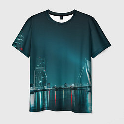 Мужская футболка Неоновый мост и город - Светло-синий
