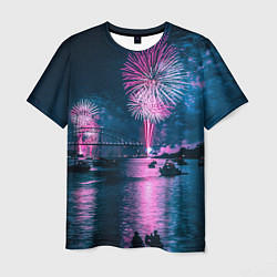 Мужская футболка Неоновый салют над рекой ночью - Синий