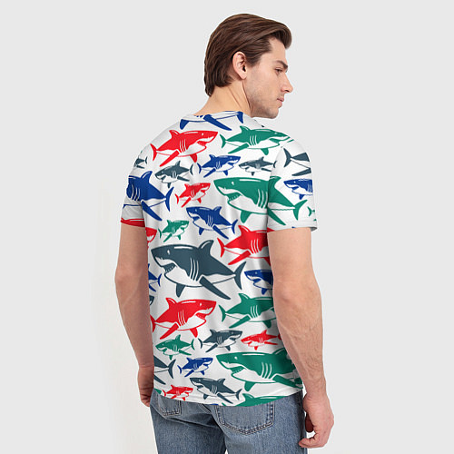 Мужская футболка Стая разноцветных акул - паттерн / 3D-принт – фото 4