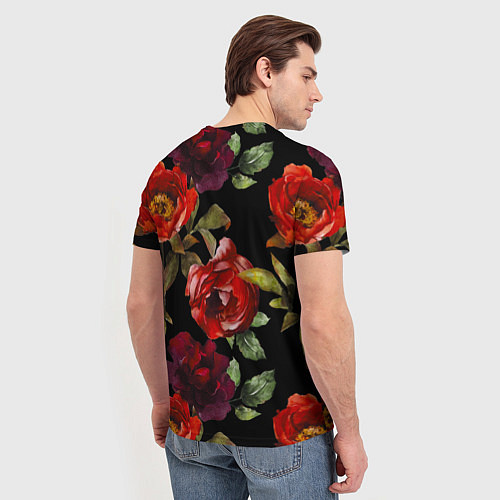 Мужская футболка Цветы Нарисованные Розы На Чёрном Фоне / 3D-принт – фото 4