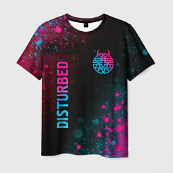 Футболка мужская Disturbed - neon gradient: символ и надпись вертик, цвет: 3D-принт