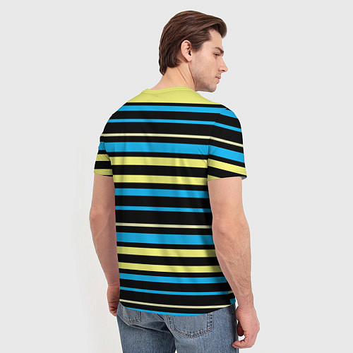 Мужская футболка Желто-голубые полосы на черном фоне / 3D-принт – фото 4