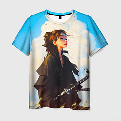 Мужская футболка Девушка самурай и облака