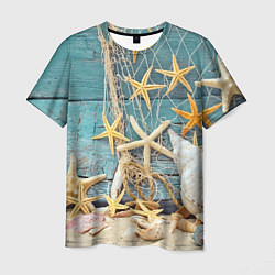Мужская футболка Натюрморт из сети, морских звёзд и ракушек - лето