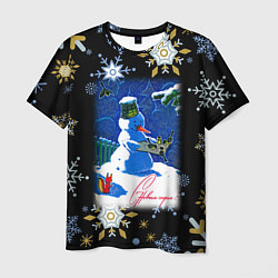 Мужская футболка Новый год снеговик и птицы