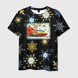 Мужская футболка Новый Год Дед Мороз На Снегоходе
