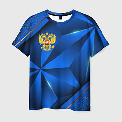 Мужская футболка Герб РФ на синем объемном фоне