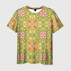 Мужская футболка Зеленые узоры и оранжевые цветы