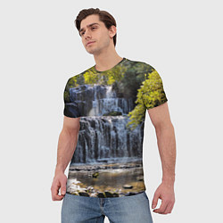Футболка мужская Водопад, солнечные лучи и лес, цвет: 3D-принт — фото 2