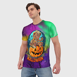 Футболка мужская Хэллоуин - мишка на тыкве, цвет: 3D-принт — фото 2