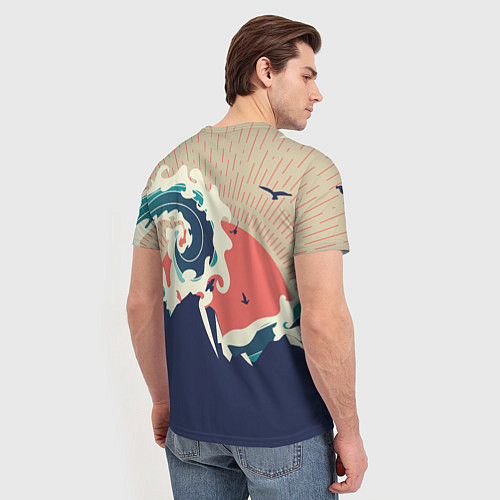 Мужская футболка Большая океанская волна и силуэт пустынного остров / 3D-принт – фото 4