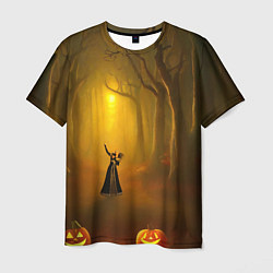Мужская футболка Ведьма в черном платье в заколдованном лесу с тыкв