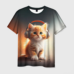 Мужская футболка Милый рыжий котёнок в наушниках