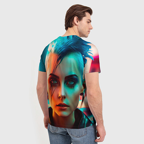 Мужская футболка Нейросеть - девушка в стиле киберпанк / 3D-принт – фото 4