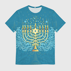 Мужская футболка Золотая менора с синим цветочным орнаментом