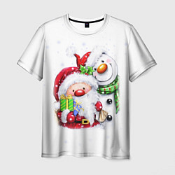 Мужская футболка Дед Мороз и снеговик с подарками