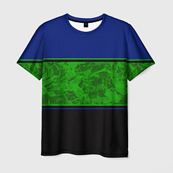 Мужская футболка Синие, неоновые зеленые мраморные и черные полосы