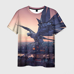 Мужская футболка Футуристичный город с металлической птицей