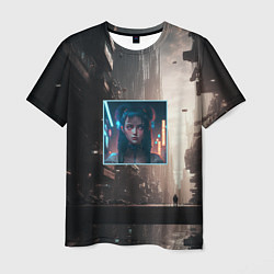 Мужская футболка Девушка во мраке киберпанк города