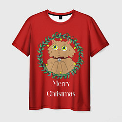 Мужская футболка Christmas cat with a garland