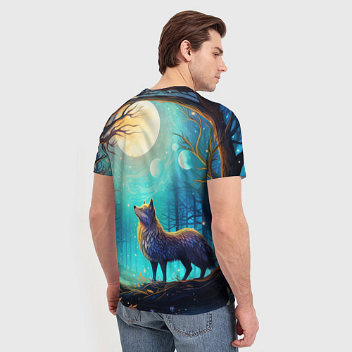 Мужская футболка Волк в ночном лесу в folk art стиле / 3D-принт – фото 4