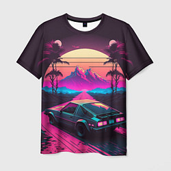 Мужская футболка Synthwave car and mountains