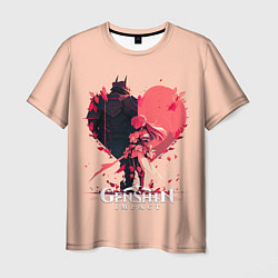 Мужская футболка Геншин Импакт, героиня на фоне сердца
