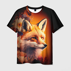 Мужская футболка Огненно рыжая лиса в цветах