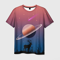 Мужская футболка Сатурн на фоне падающих звезд и кометы