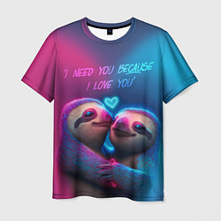 Мужская футболка Влюбленные ленивцы обнимаются на фоне неонового се