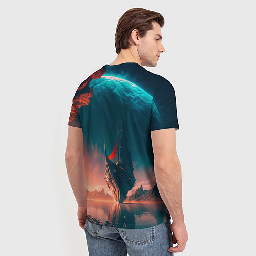 Мужская футболка Абстрактный летающий корабль и луна / 3D-принт – фото 4