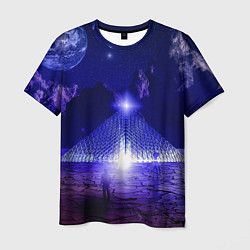 Мужская футболка Синяя магическая пирамида, горы и космос
