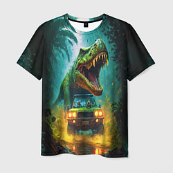 Мужская футболка Тираннозавр преследует джип под дождем